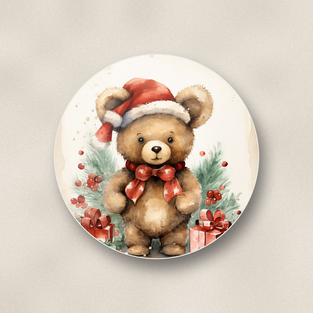 Close-up of one christmas teddy in santa hat round ceramic coaster, flat UV print