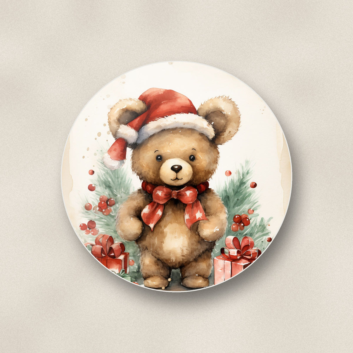 Close-up of one christmas teddy in santa hat round ceramic coaster, flat UV print