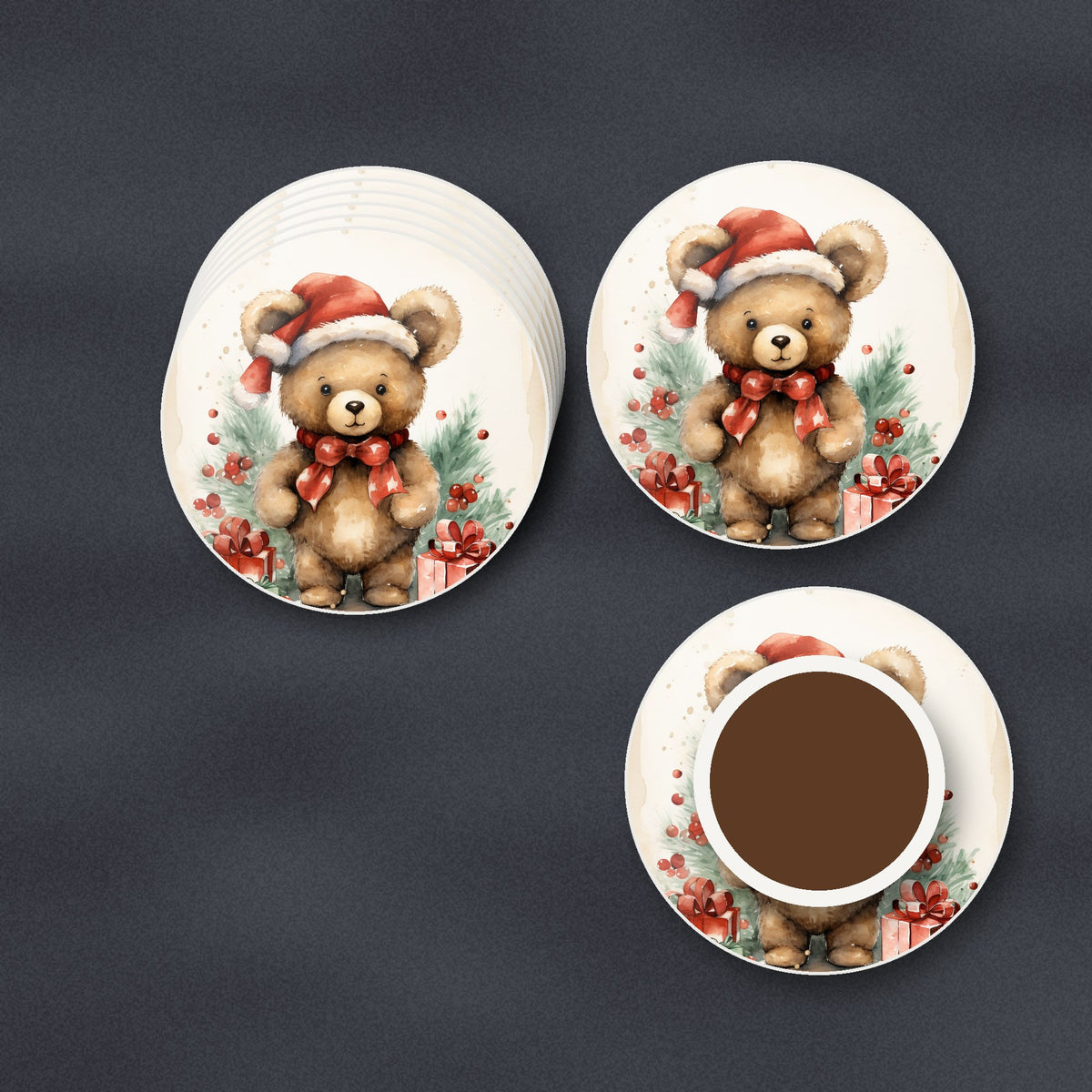 Christmas Teddy in Santa Hat round ceramic coasters stacked on a slate kitchen worktop