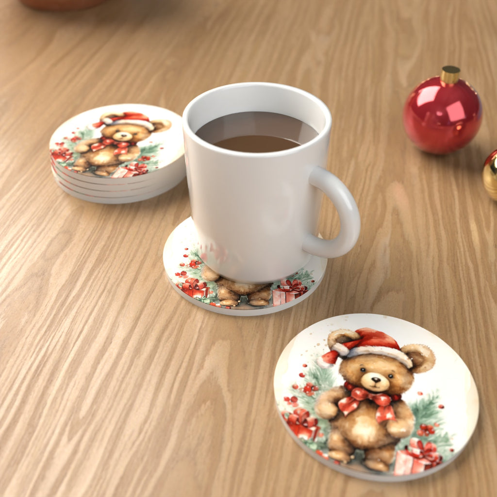 Christmas Teddy in Santa Hat Round Ceramic Coasters – Set of 6 – lifestyle mockup with a mug of coffee