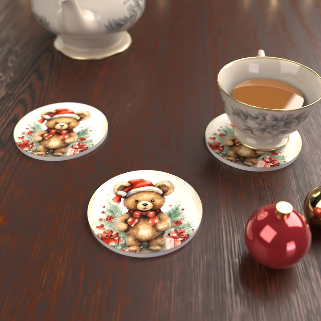 Christmas Teddy in Santa Hat Round Ceramic Coasters – Set of 6 – lifestyle mockup with a teacup