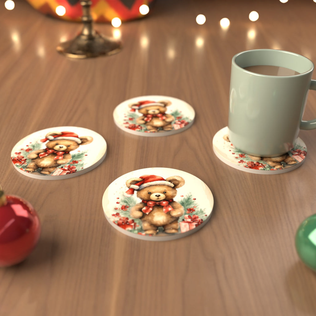 Christmas Teddy in Santa Hat Round Ceramic Coasters – Set of 6 – cosy lifestyle mockup
