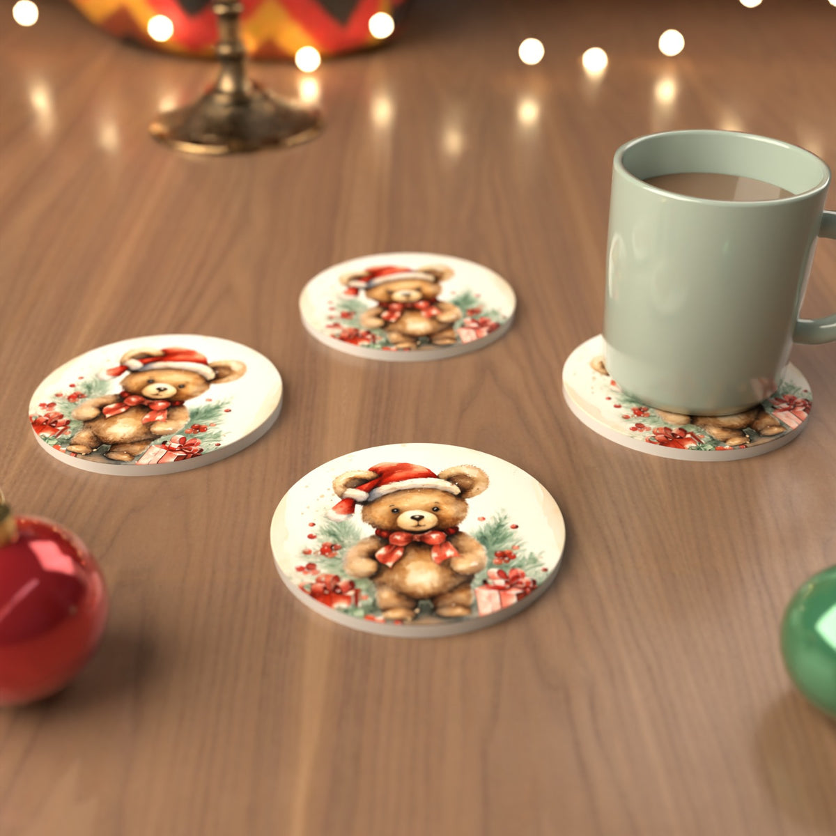 Christmas Teddy in Santa Hat Round Ceramic Coasters – Set of 6 – cosy lifestyle mockup
