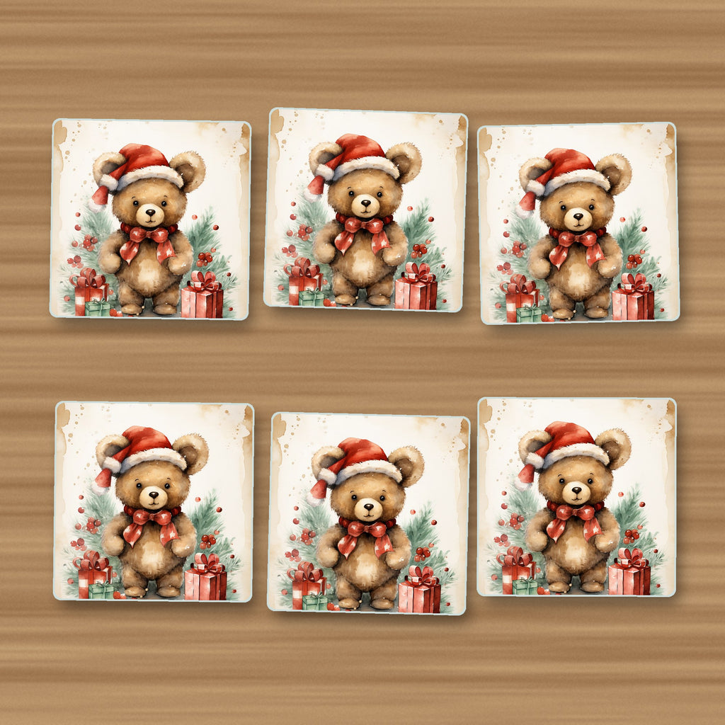 Christmas Teddy in Santa Hat square glass coasters, set of 6, on an oak coffee table
