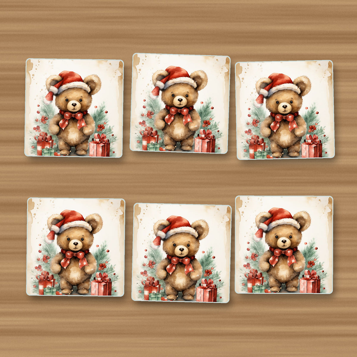 Christmas Teddy in Santa Hat square glass coasters, set of 6, on an oak coffee table