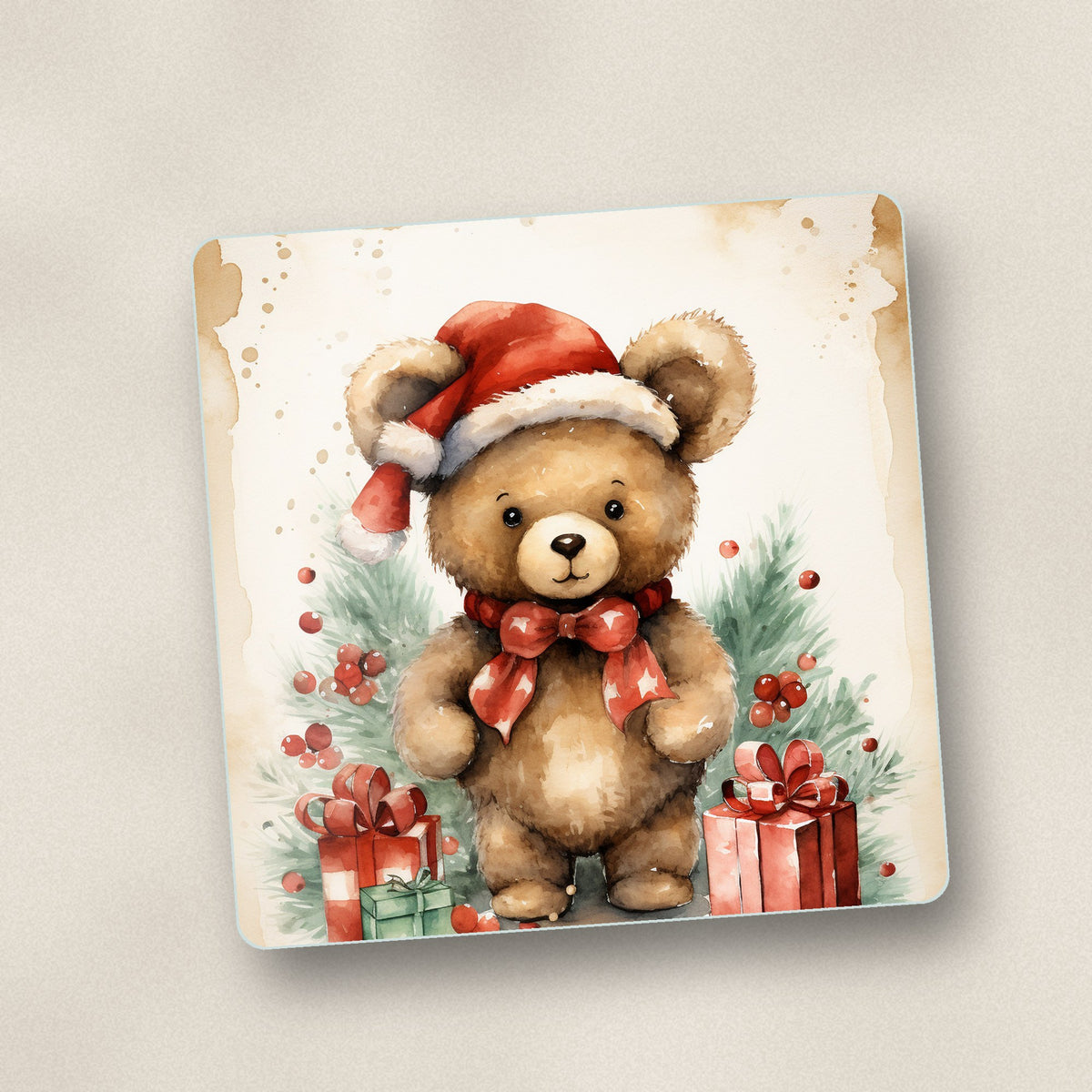 Close-up of one christmas teddy in santa hat square glass coaster, flat UV print