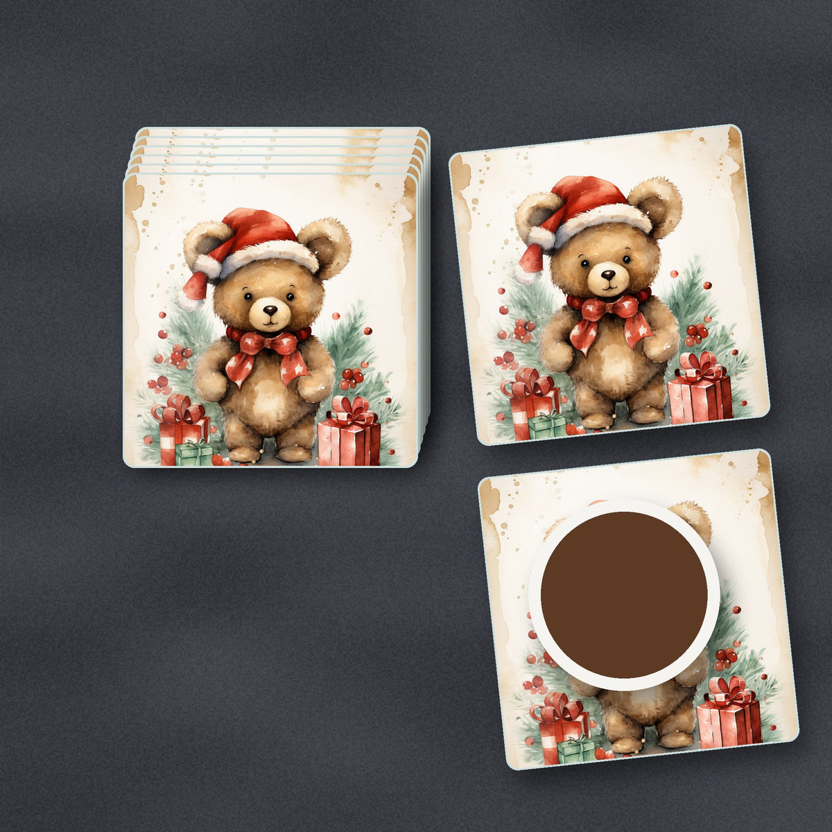 Christmas Teddy in Santa Hat square glass coasters stacked on a slate kitchen worktop