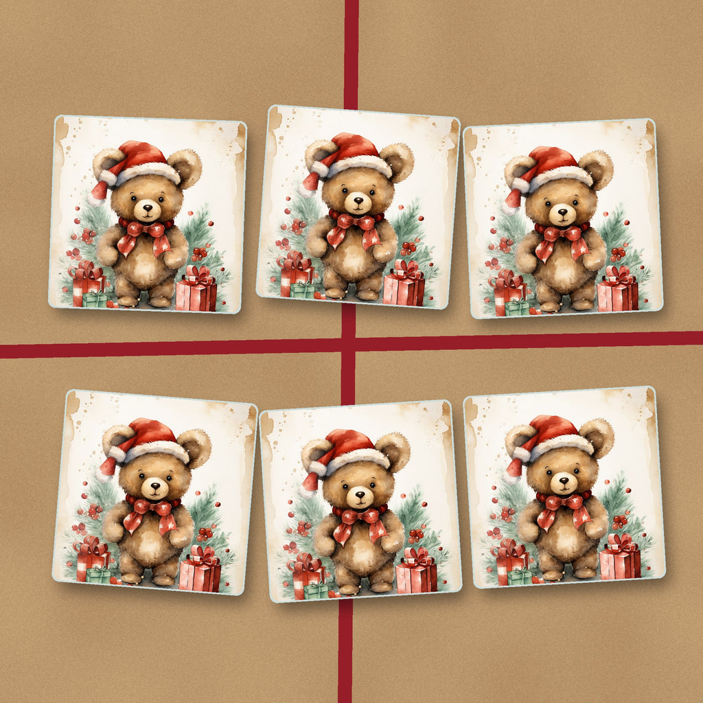 Christmas Teddy in Santa Hat square glass coasters on kraft gift wrap