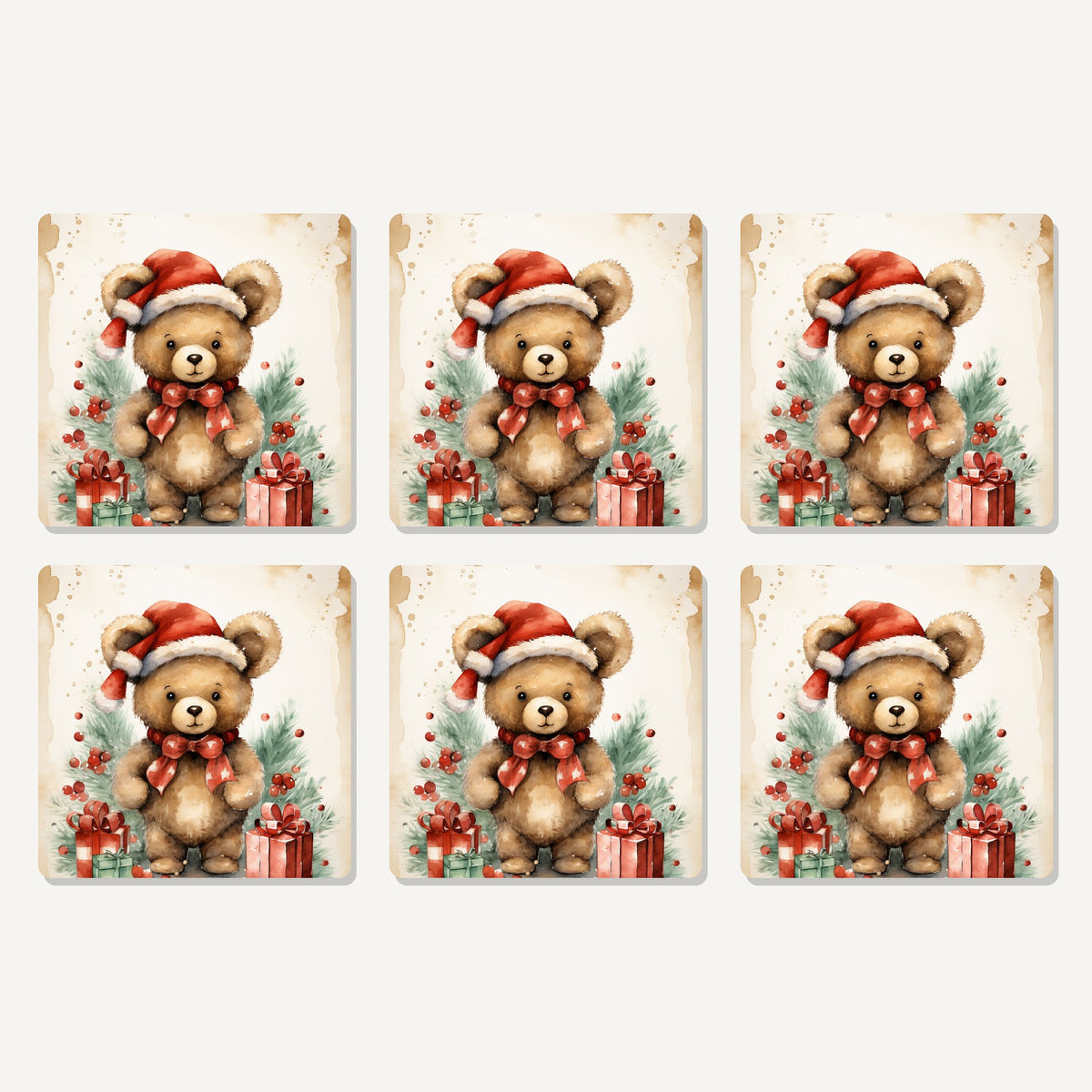 Flat lay of the christmas teddy in santa hat artwork on six square coasters