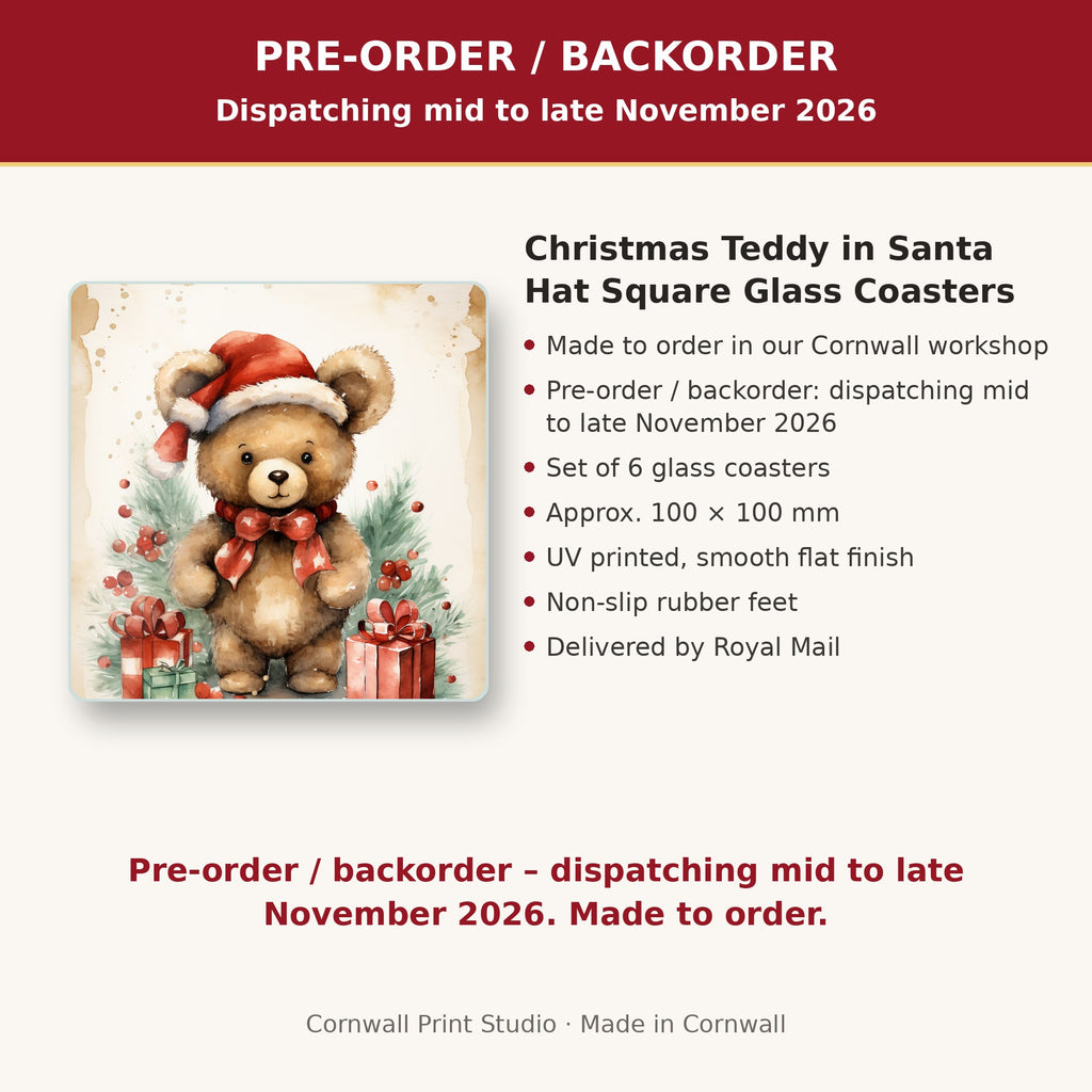 Info card: Christmas Teddy in Santa Hat Square Glass Coasters – Set of 6, made to order, dispatching mid to late November 2026, delivered by Royal Mail
