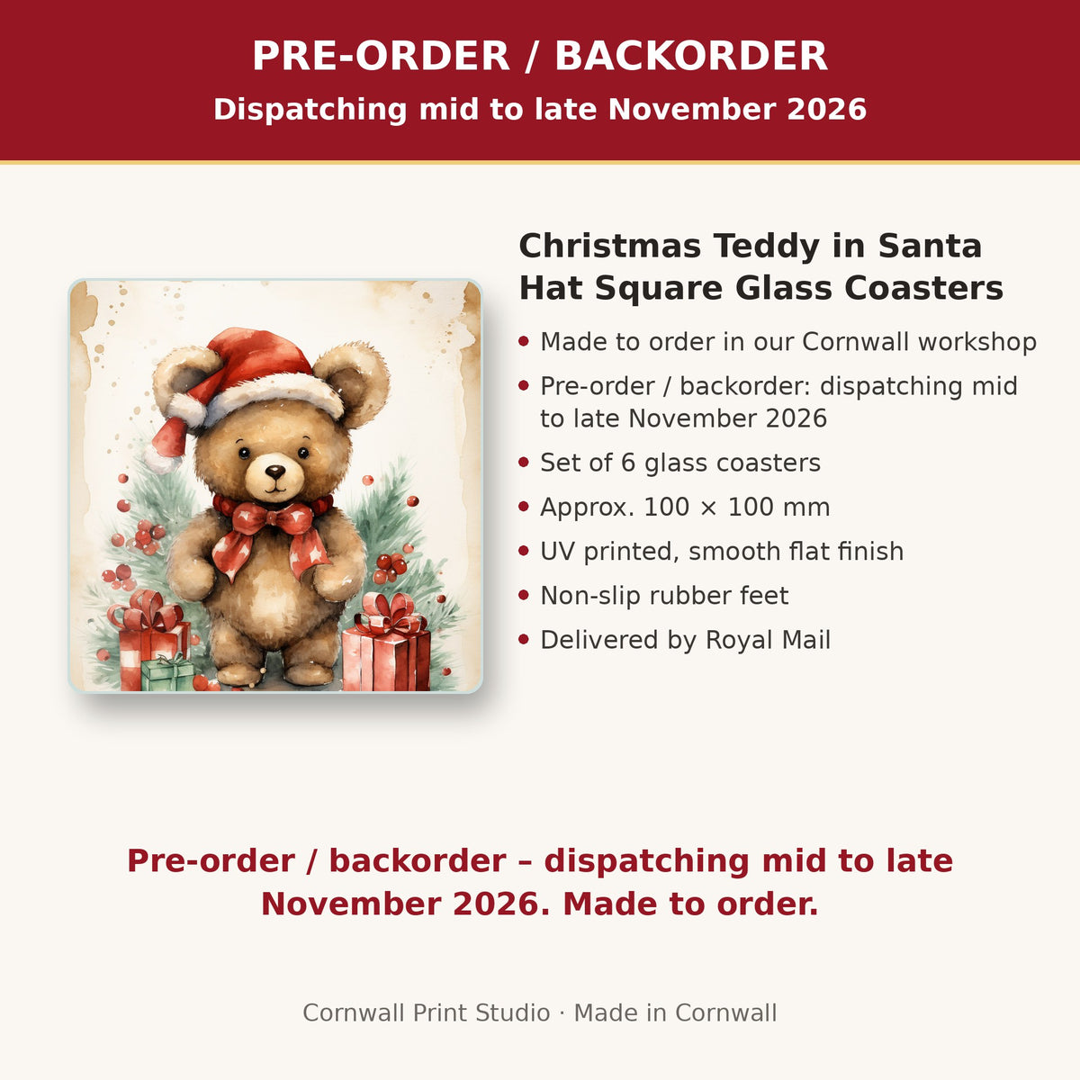 Info card: Christmas Teddy in Santa Hat Square Glass Coasters – Set of 6, made to order, dispatching mid to late November 2026, delivered by Royal Mail