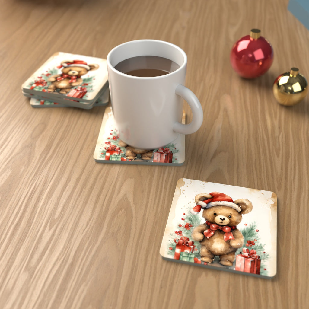 Christmas Teddy in Santa Hat Square Glass Coasters – Set of 6 – lifestyle mockup with a mug of coffee