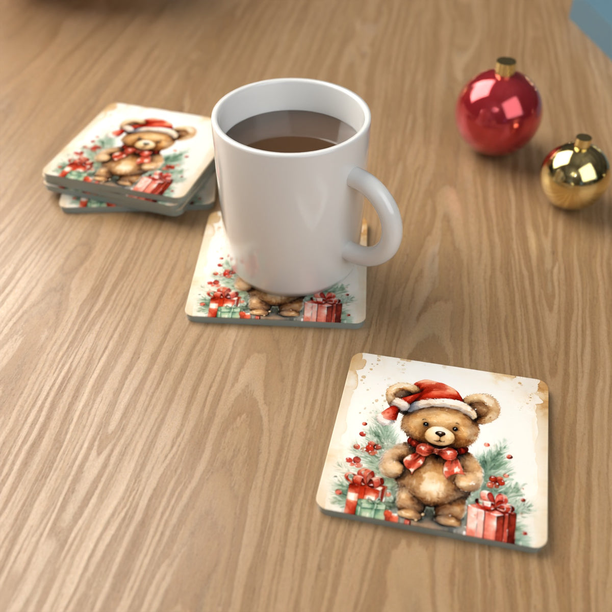 Christmas Teddy in Santa Hat Square Glass Coasters – Set of 6 – lifestyle mockup with a mug of coffee