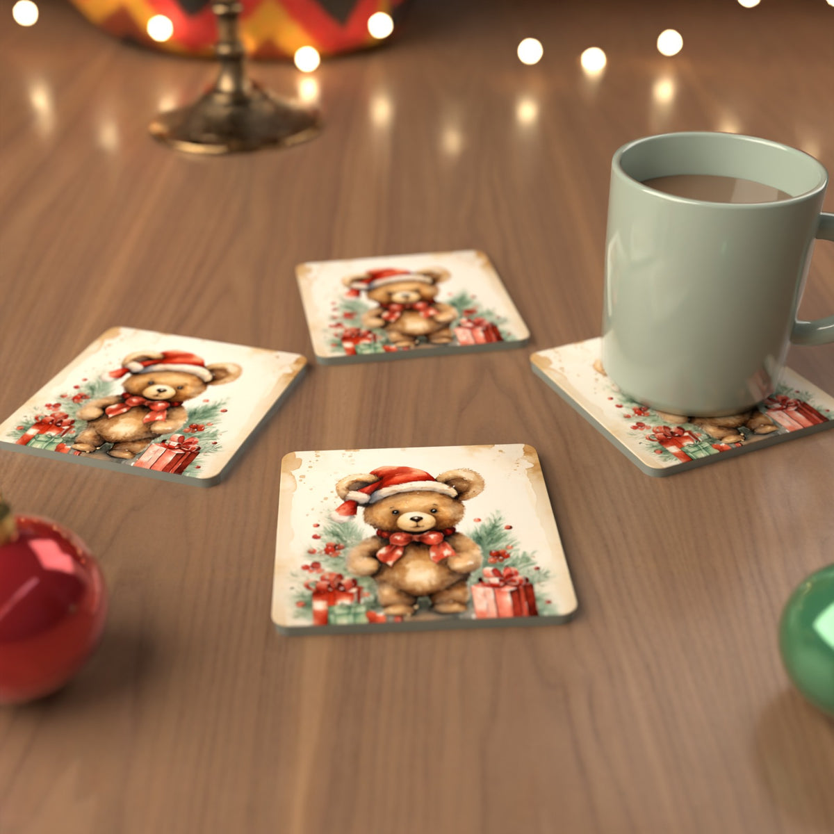Christmas Teddy in Santa Hat Square Glass Coasters – Set of 6 – cosy lifestyle mockup
