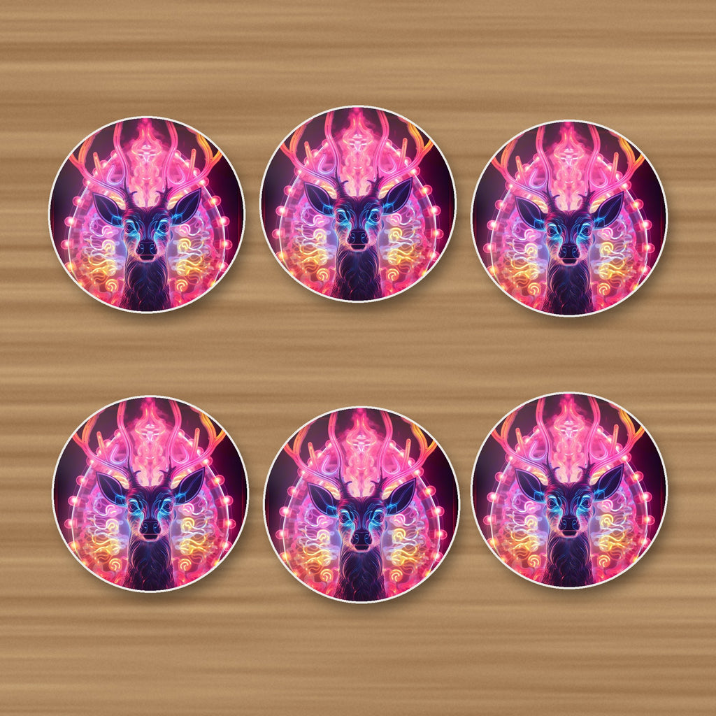 Neon Glow Stag round ceramic coasters, set of 6, on an oak coffee table