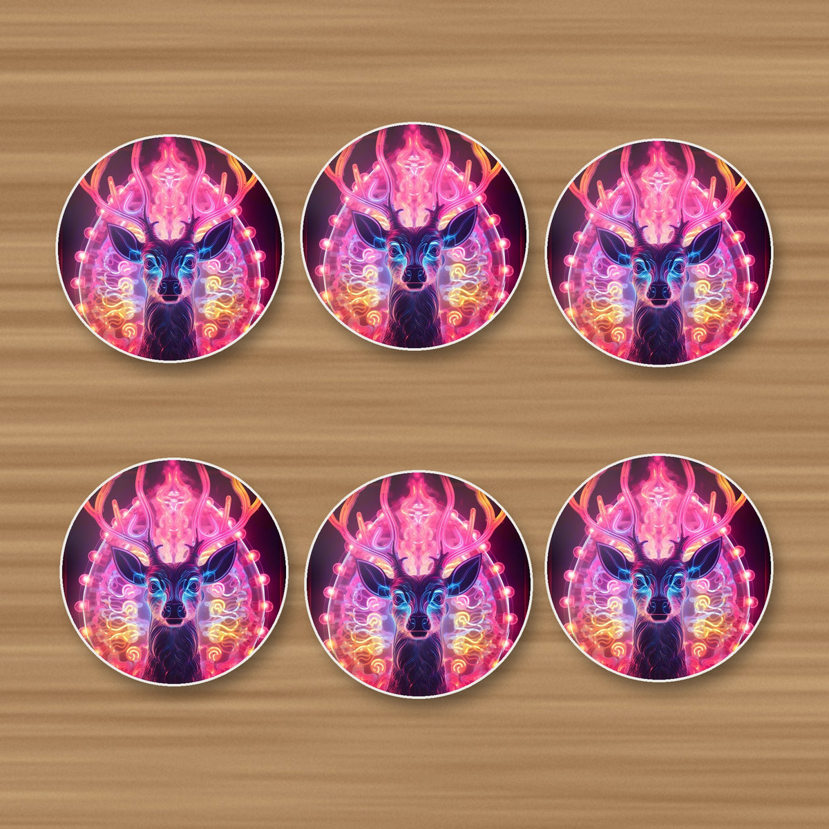 Neon Glow Stag round ceramic coasters, set of 6, on an oak coffee table