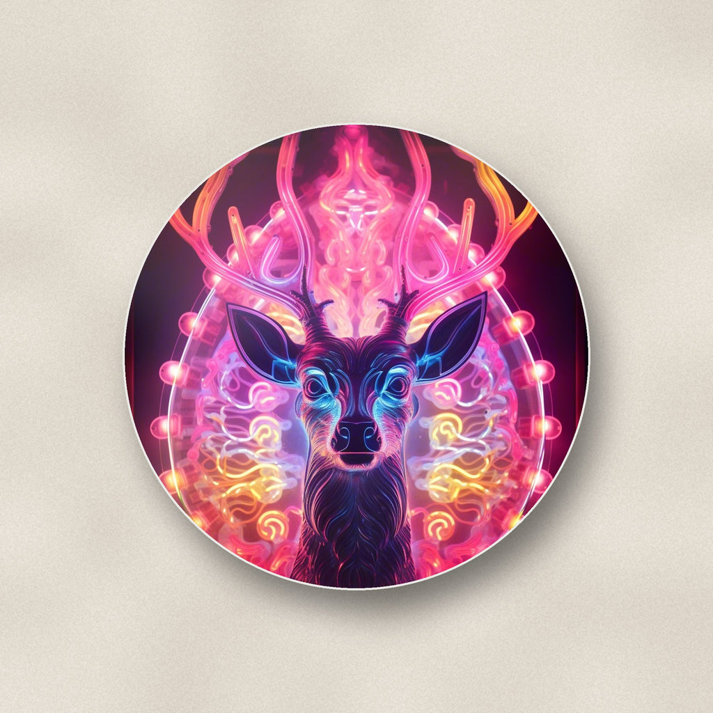 Close-up of one neon glow stag round ceramic coaster, flat UV print