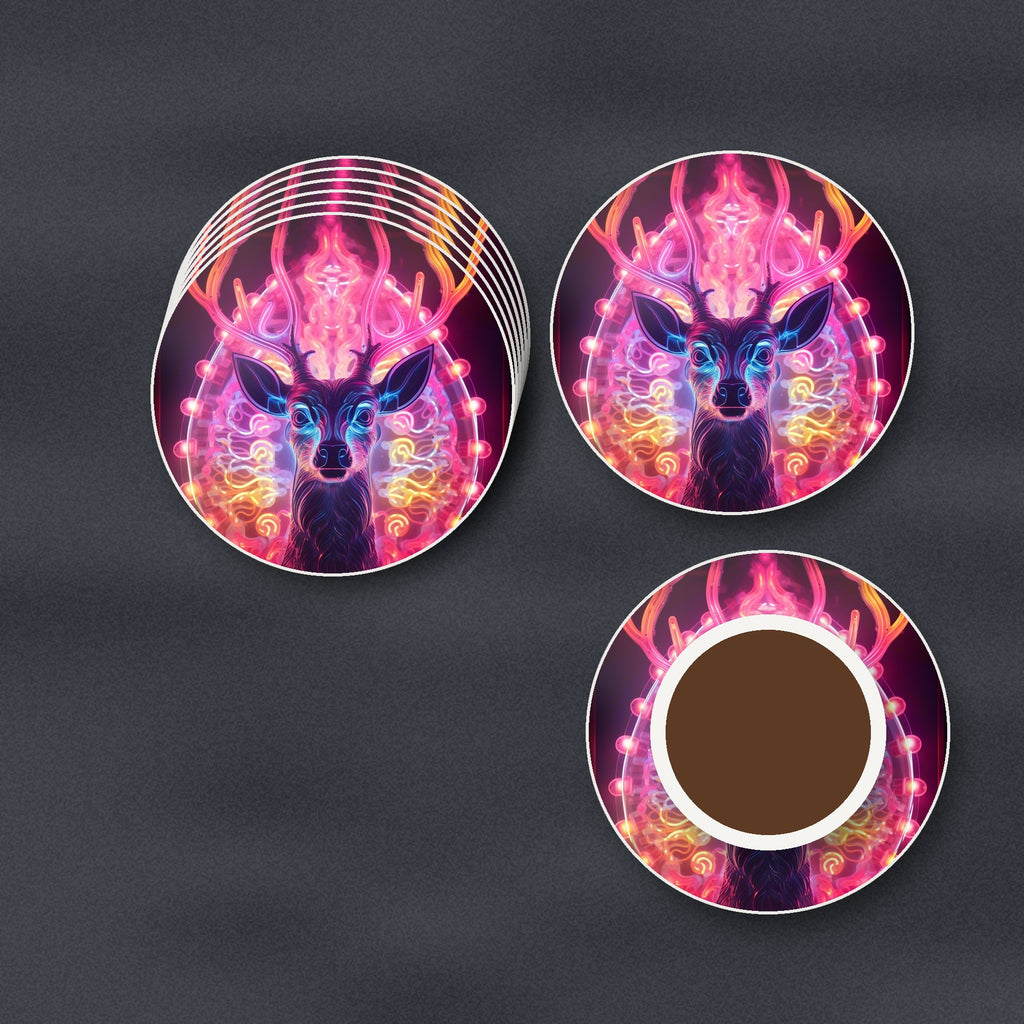 Neon Glow Stag round ceramic coasters stacked on a slate kitchen worktop