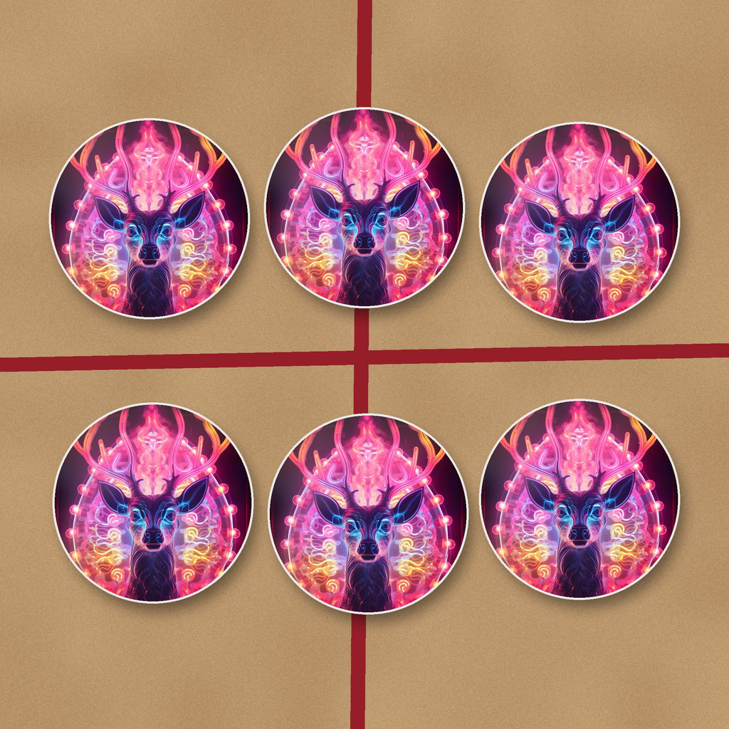 Neon Glow Stag round ceramic coasters on kraft gift wrap