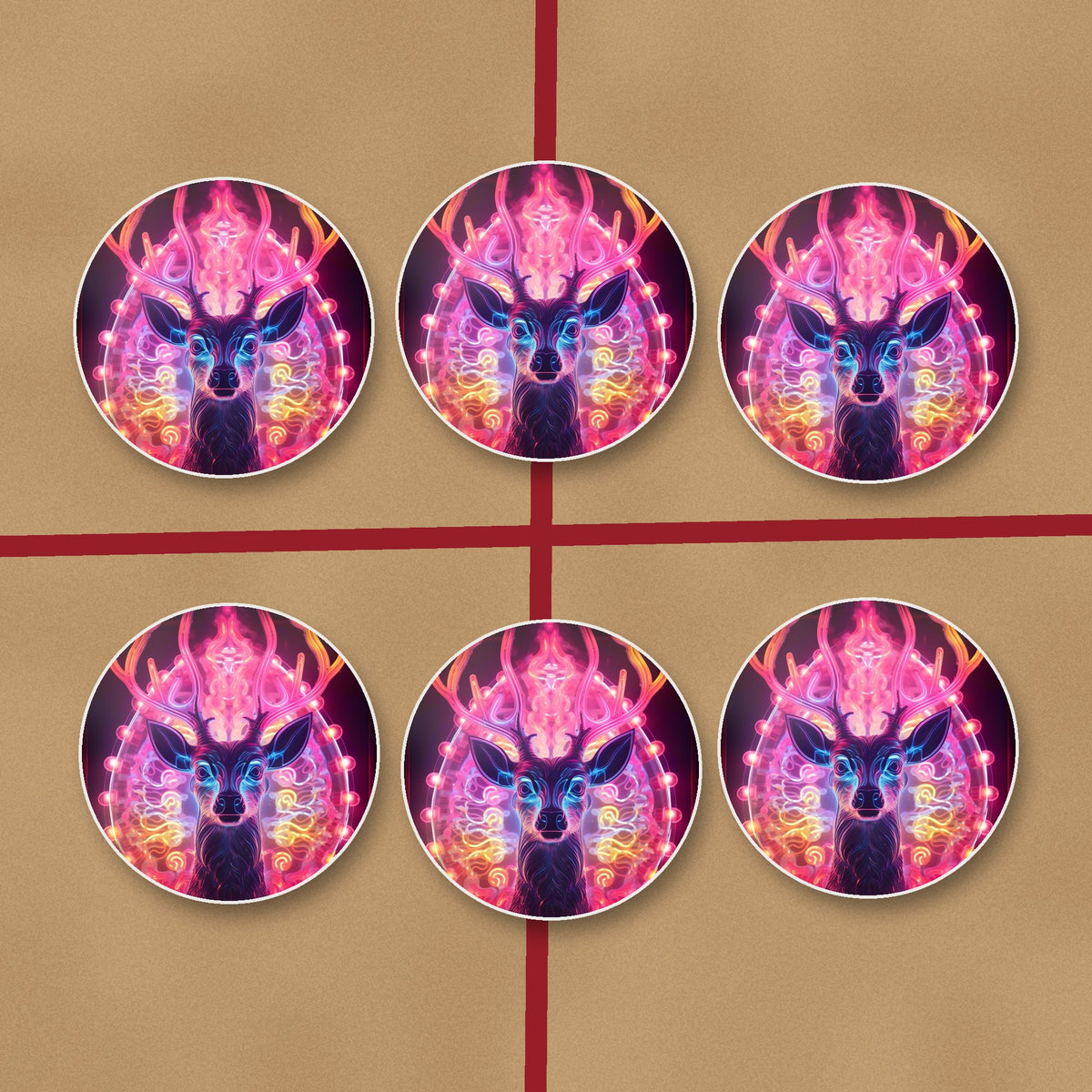 Neon Glow Stag round ceramic coasters on kraft gift wrap