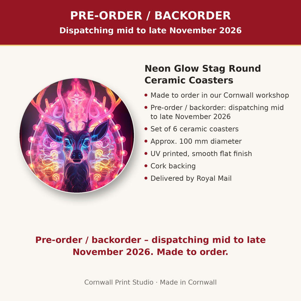 Info card: Neon Glow Stag Round Ceramic Coasters – Set of 6, made to order, dispatching mid to late November 2026, delivered by Royal Mail