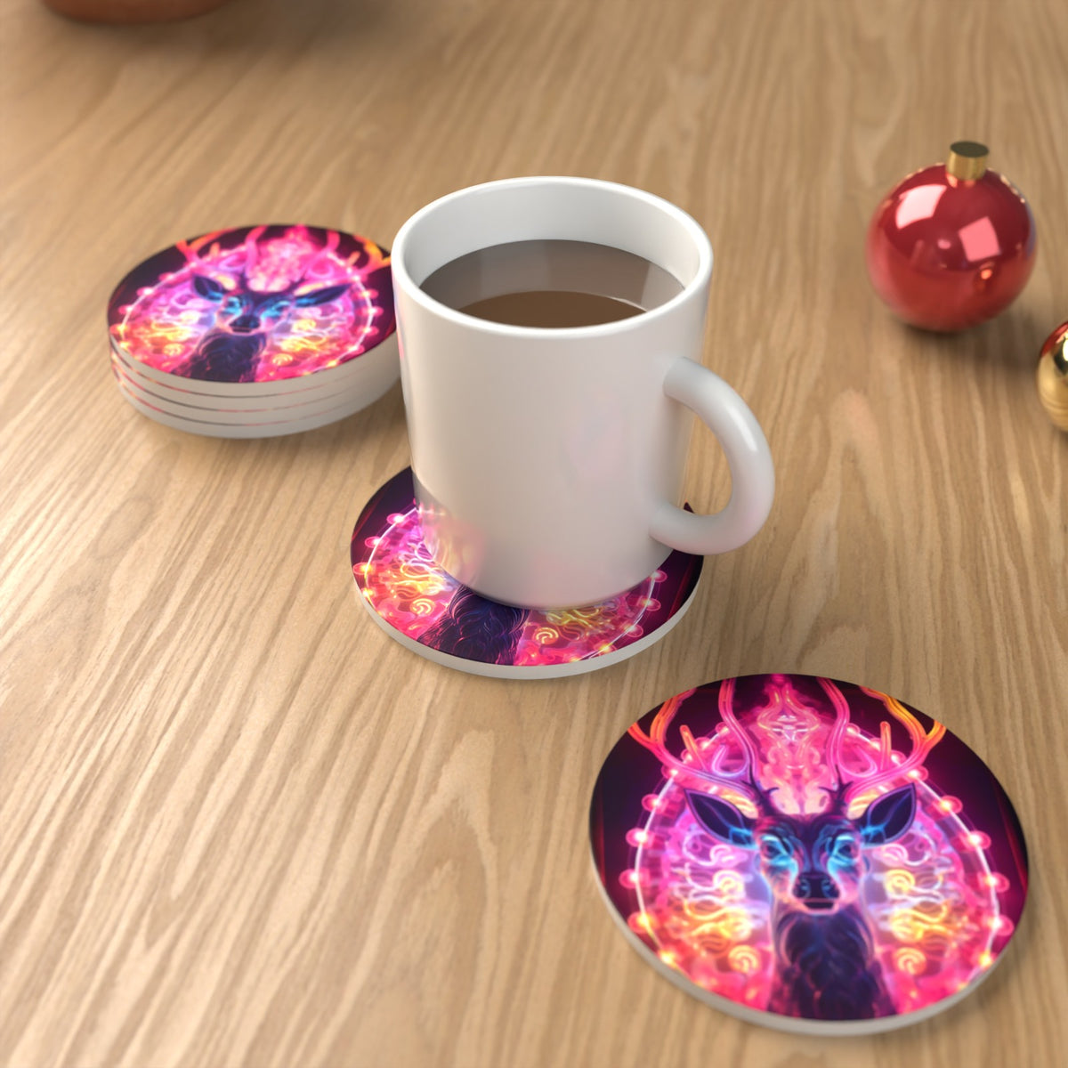 Neon Glow Stag Round Ceramic Coasters – Set of 6 – lifestyle mockup with a mug of coffee