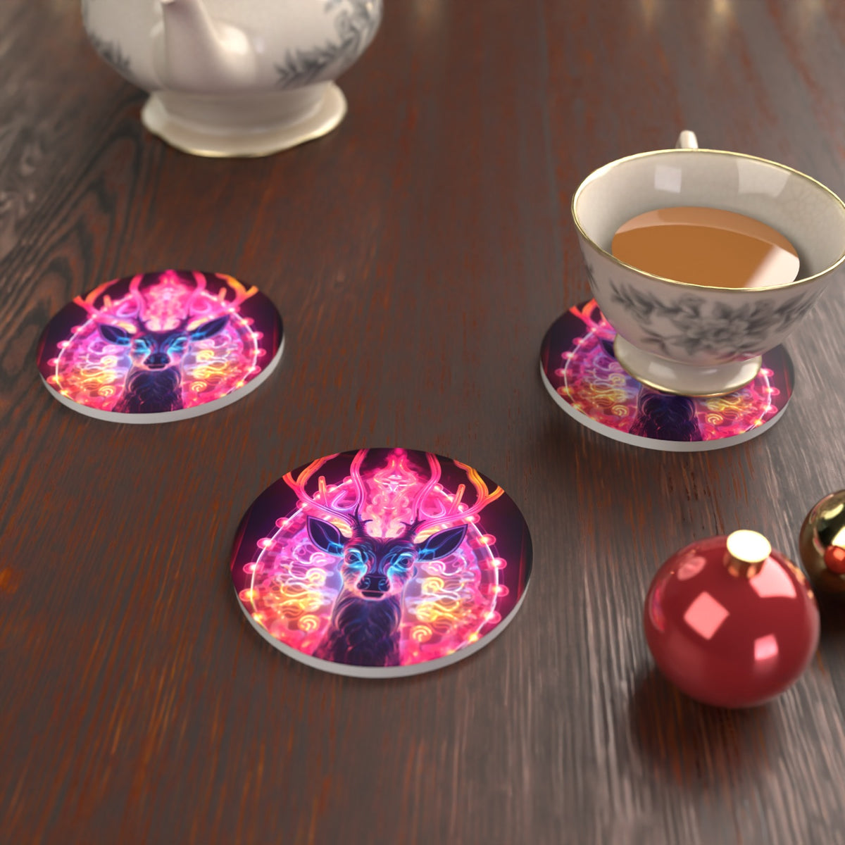 Neon Glow Stag Round Ceramic Coasters – Set of 6 – lifestyle mockup with a teacup