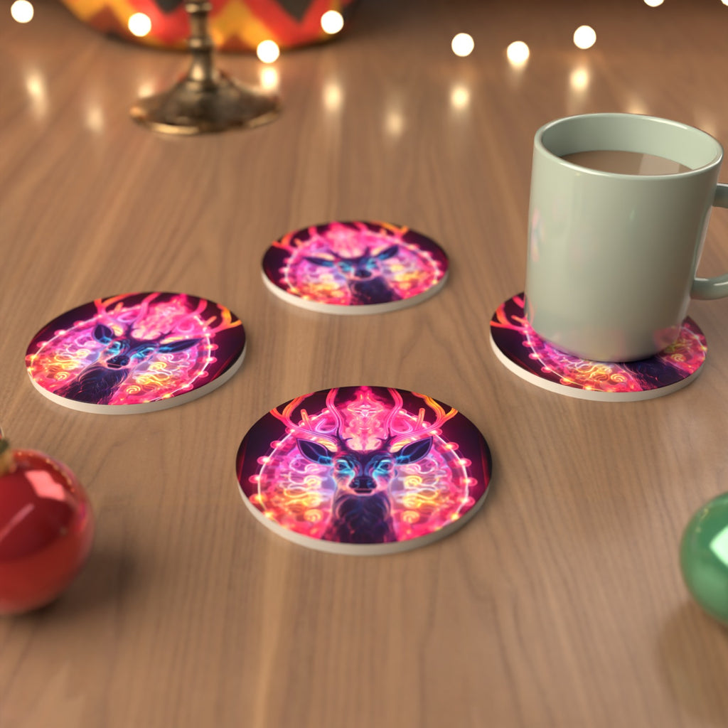 Neon Glow Stag Round Ceramic Coasters – Set of 6 – cosy lifestyle mockup