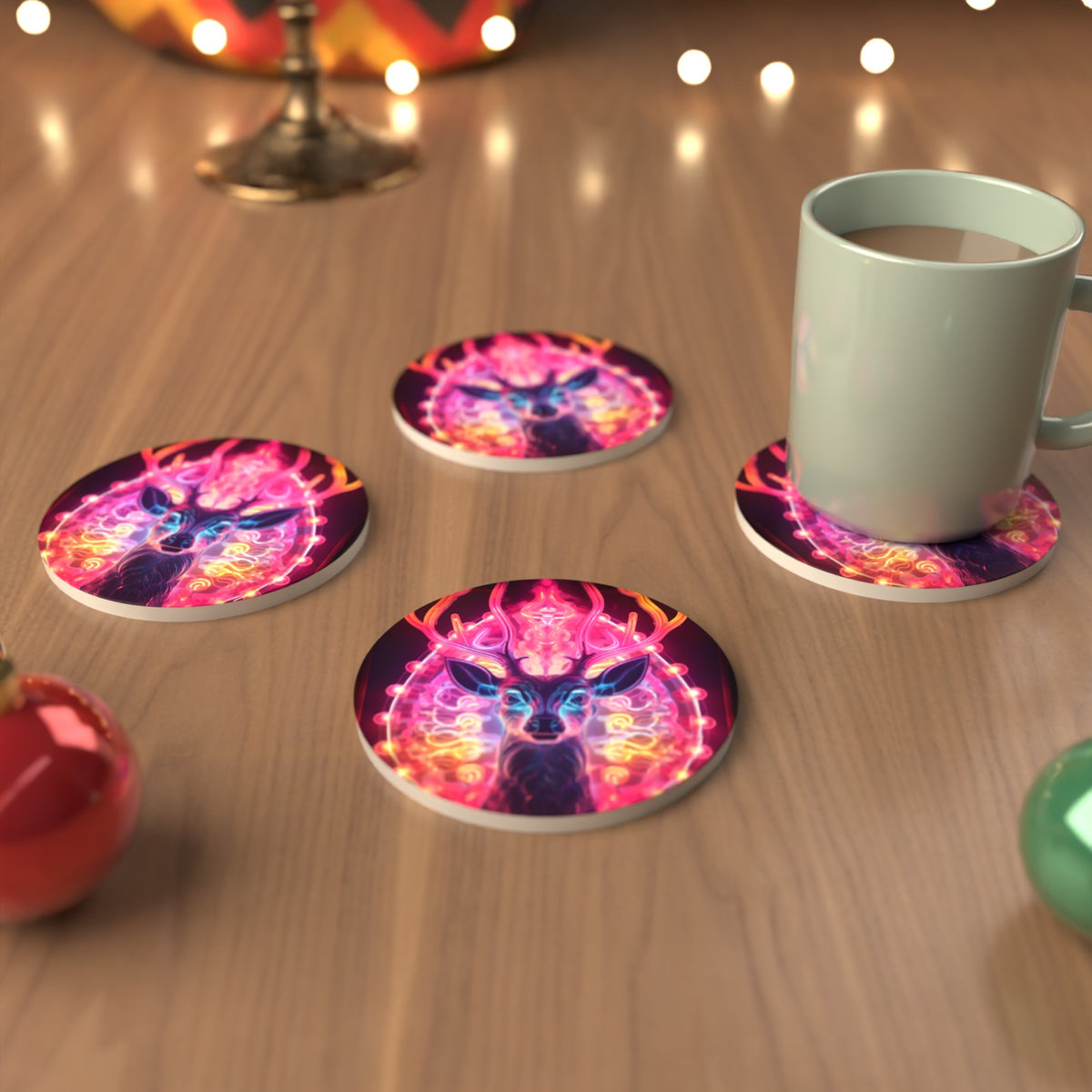Neon Glow Stag Round Ceramic Coasters – Set of 6 – cosy lifestyle mockup