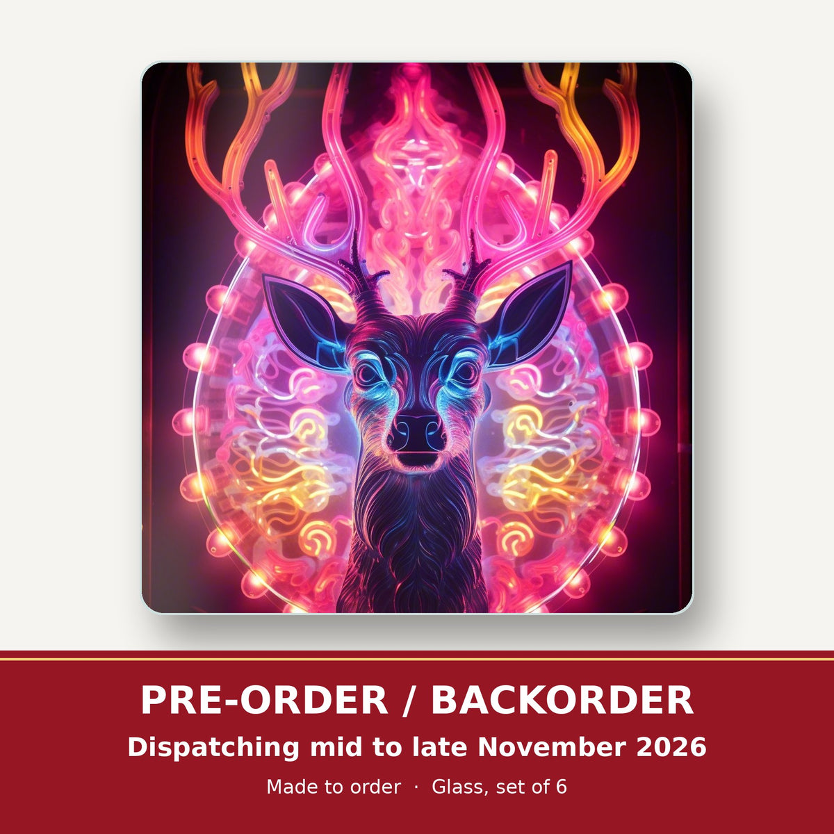Neon Glow Stag square glass coaster set of 6 – pre-order / backorder, dispatching mid to late November 2026