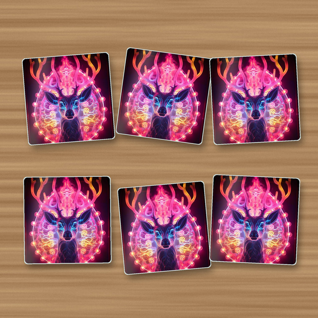 Neon Glow Stag square glass coasters, set of 6, on an oak coffee table