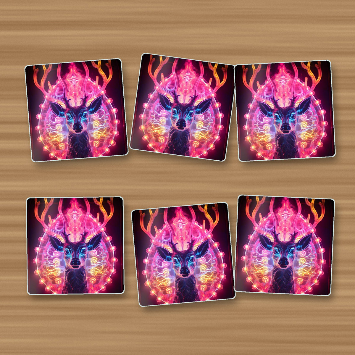 Neon Glow Stag square glass coasters, set of 6, on an oak coffee table