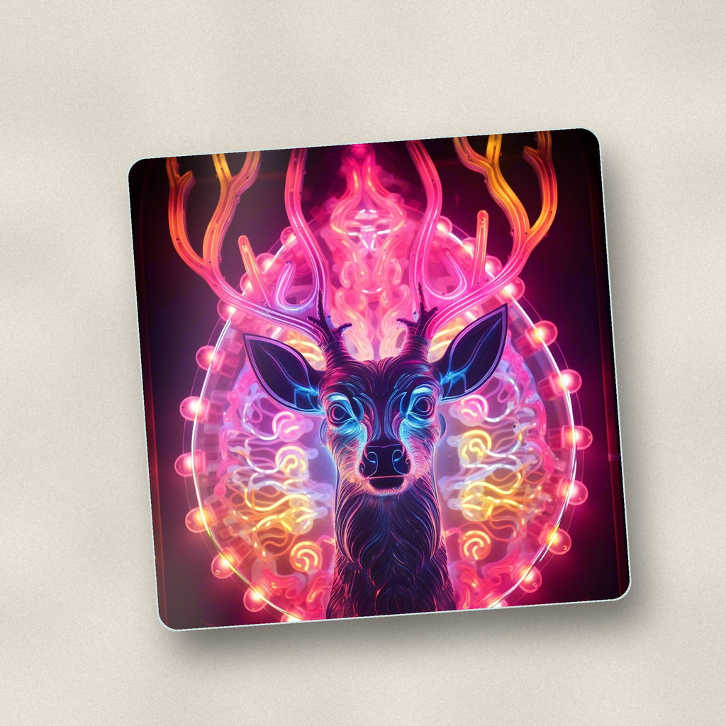 Close-up of one neon glow stag square glass coaster, flat UV print