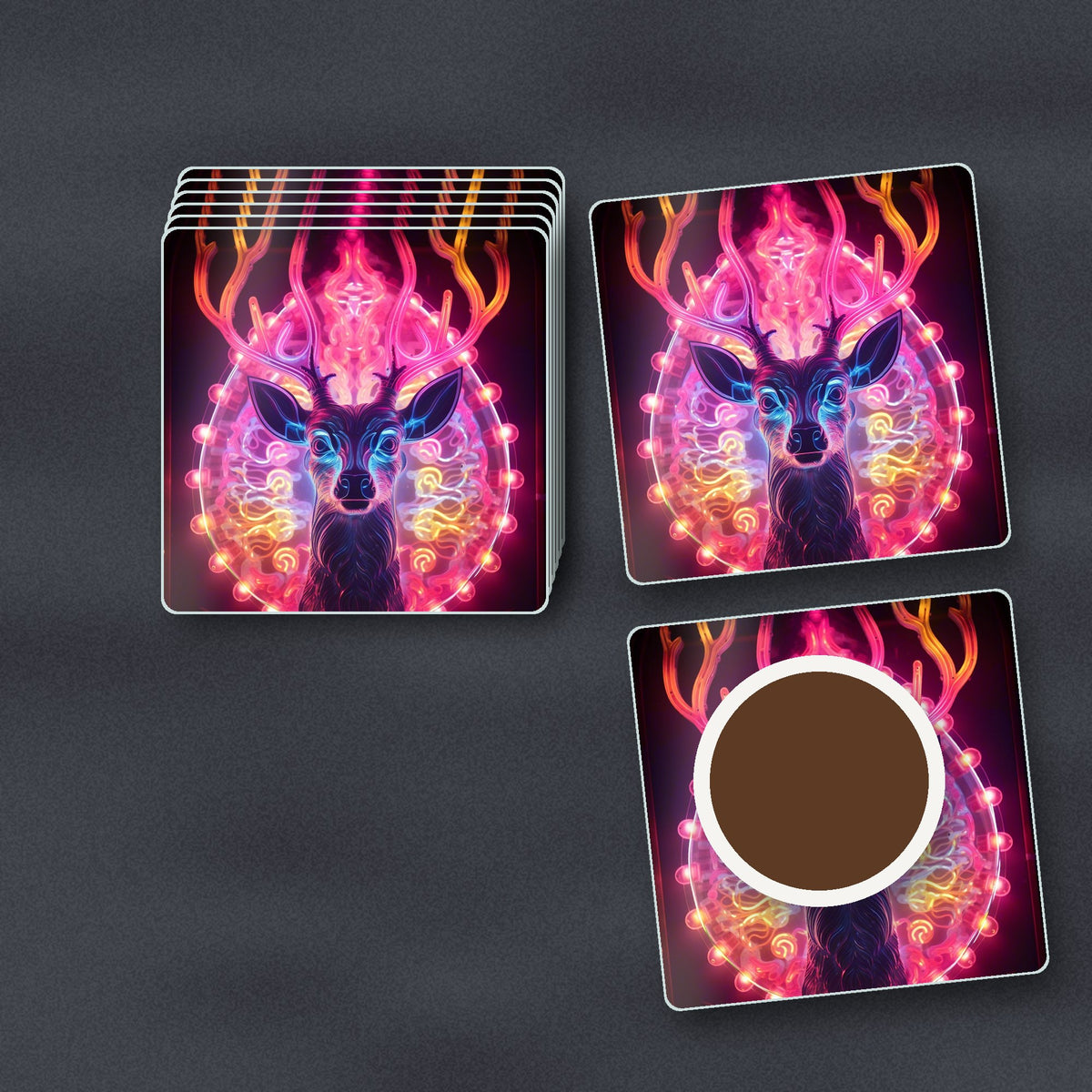Neon Glow Stag square glass coasters stacked on a slate kitchen worktop