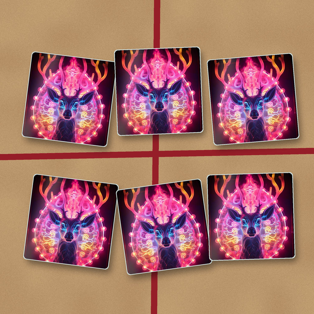 Neon Glow Stag square glass coasters on kraft gift wrap