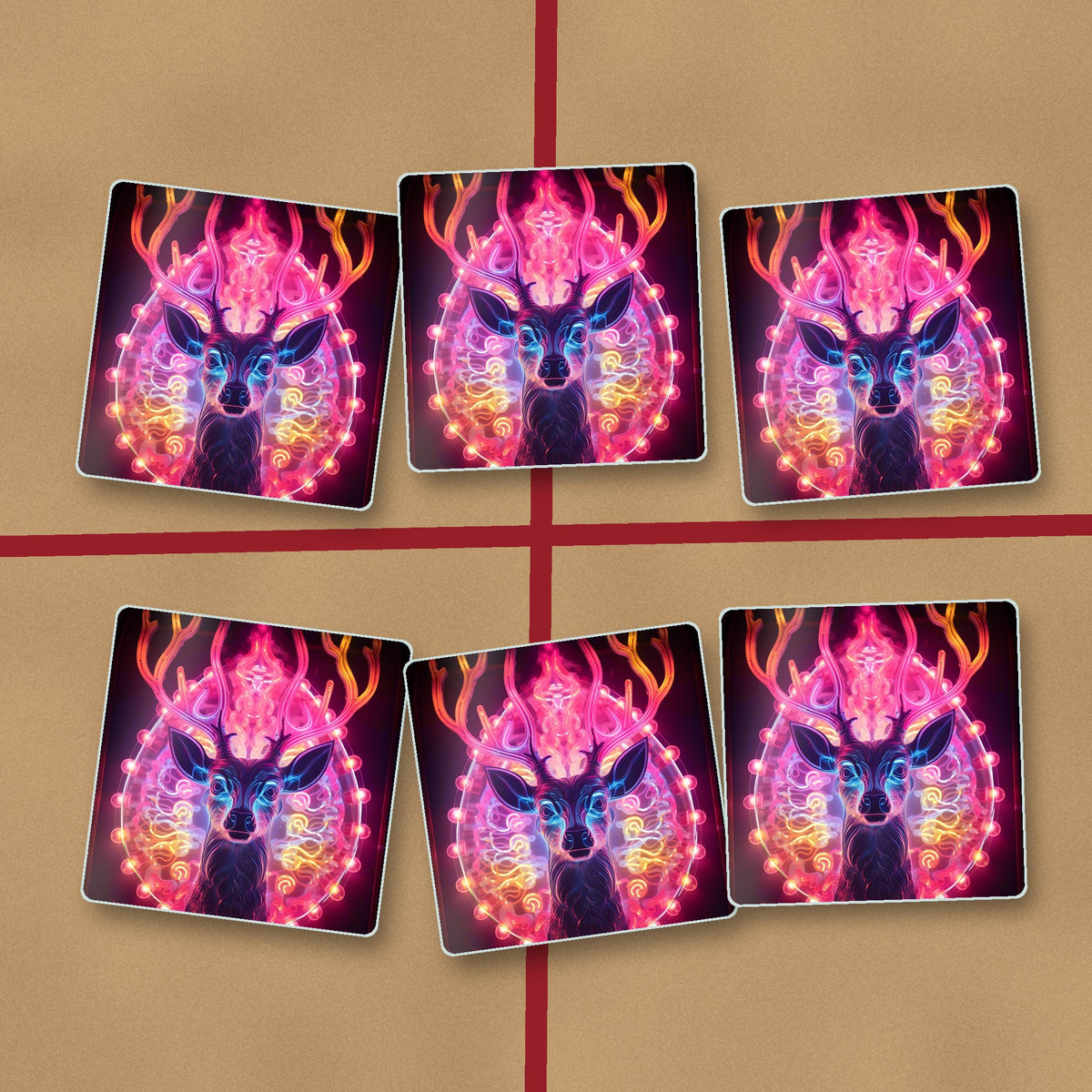 Neon Glow Stag square glass coasters on kraft gift wrap
