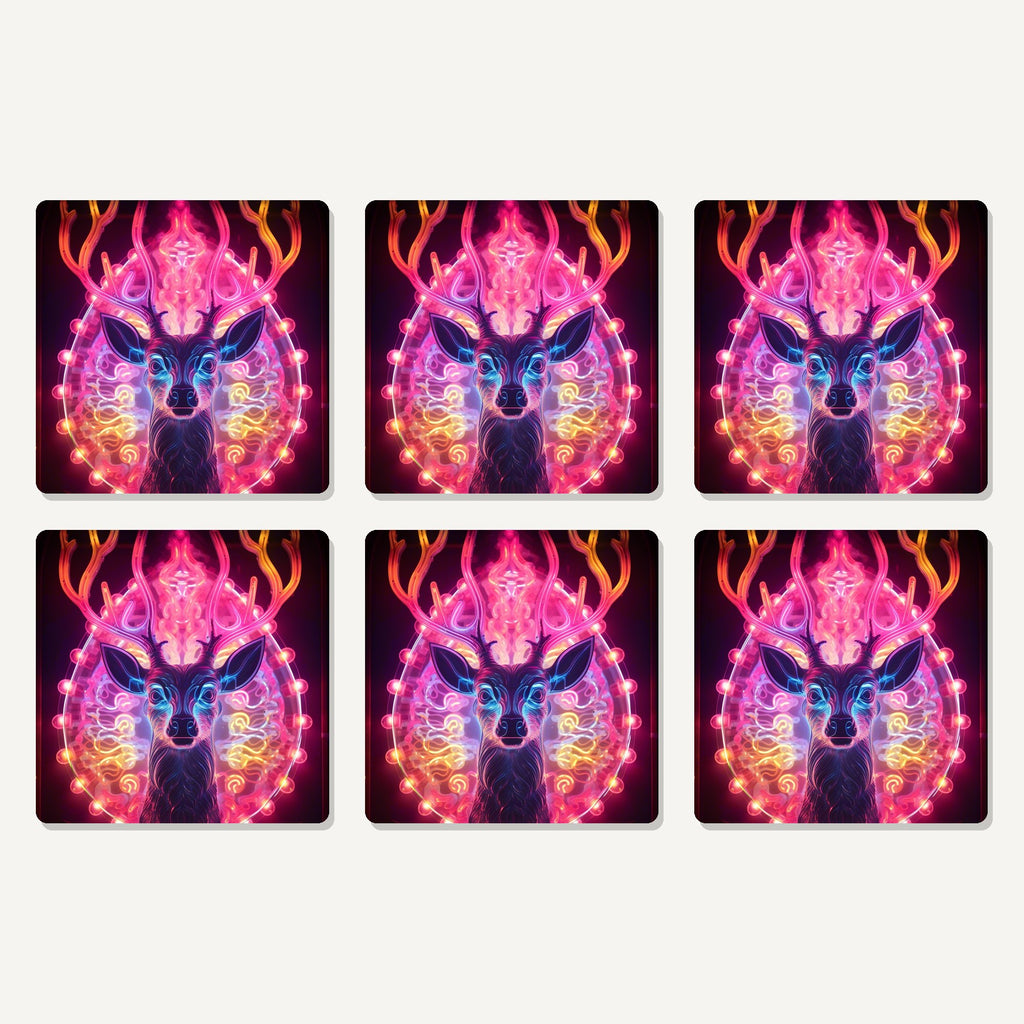 Flat lay of the neon glow stag artwork on six square coasters