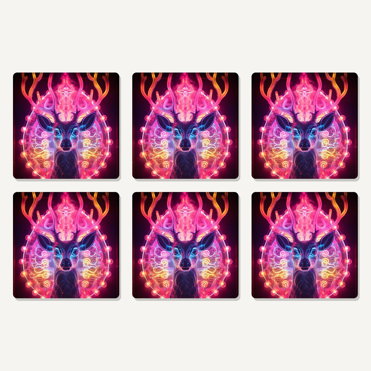 Flat lay of the neon glow stag artwork on six square coasters