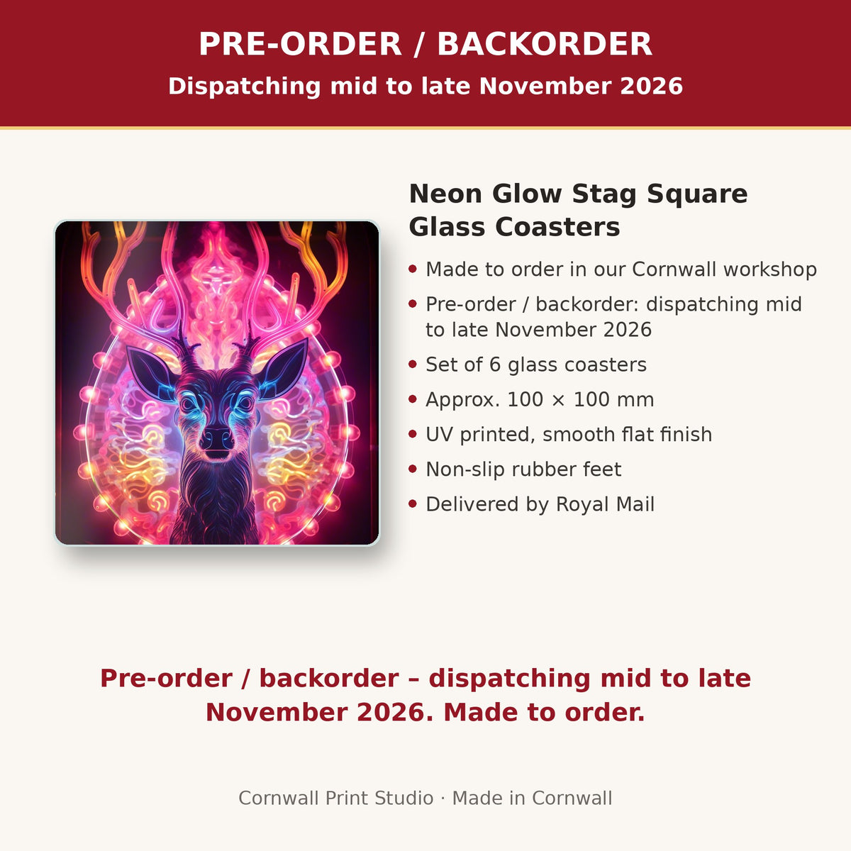 Info card: Neon Glow Stag Square Glass Coasters – Set of 6, made to order, dispatching mid to late November 2026, delivered by Royal Mail