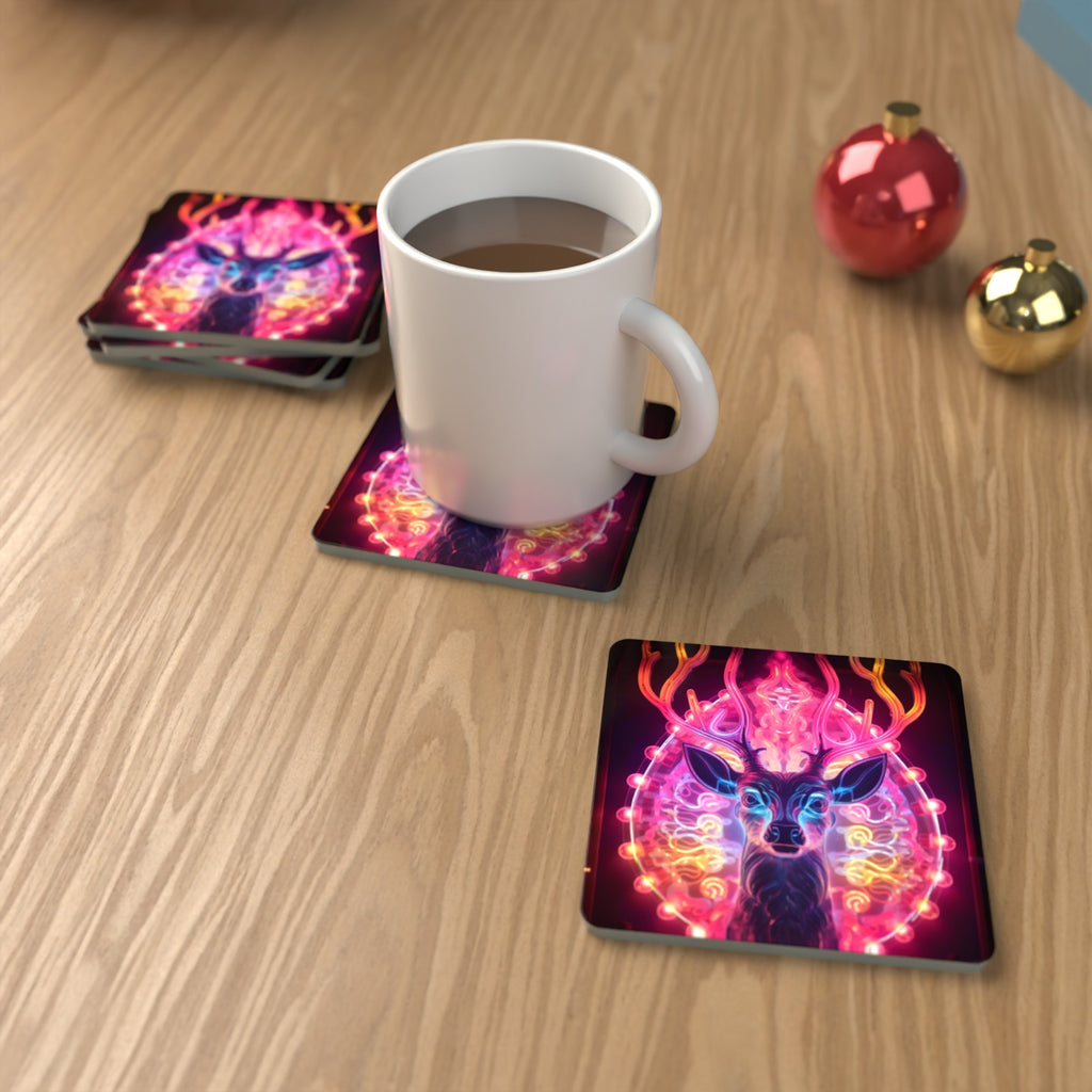 Neon Glow Stag Square Glass Coasters – Set of 6 – lifestyle mockup with a mug of coffee