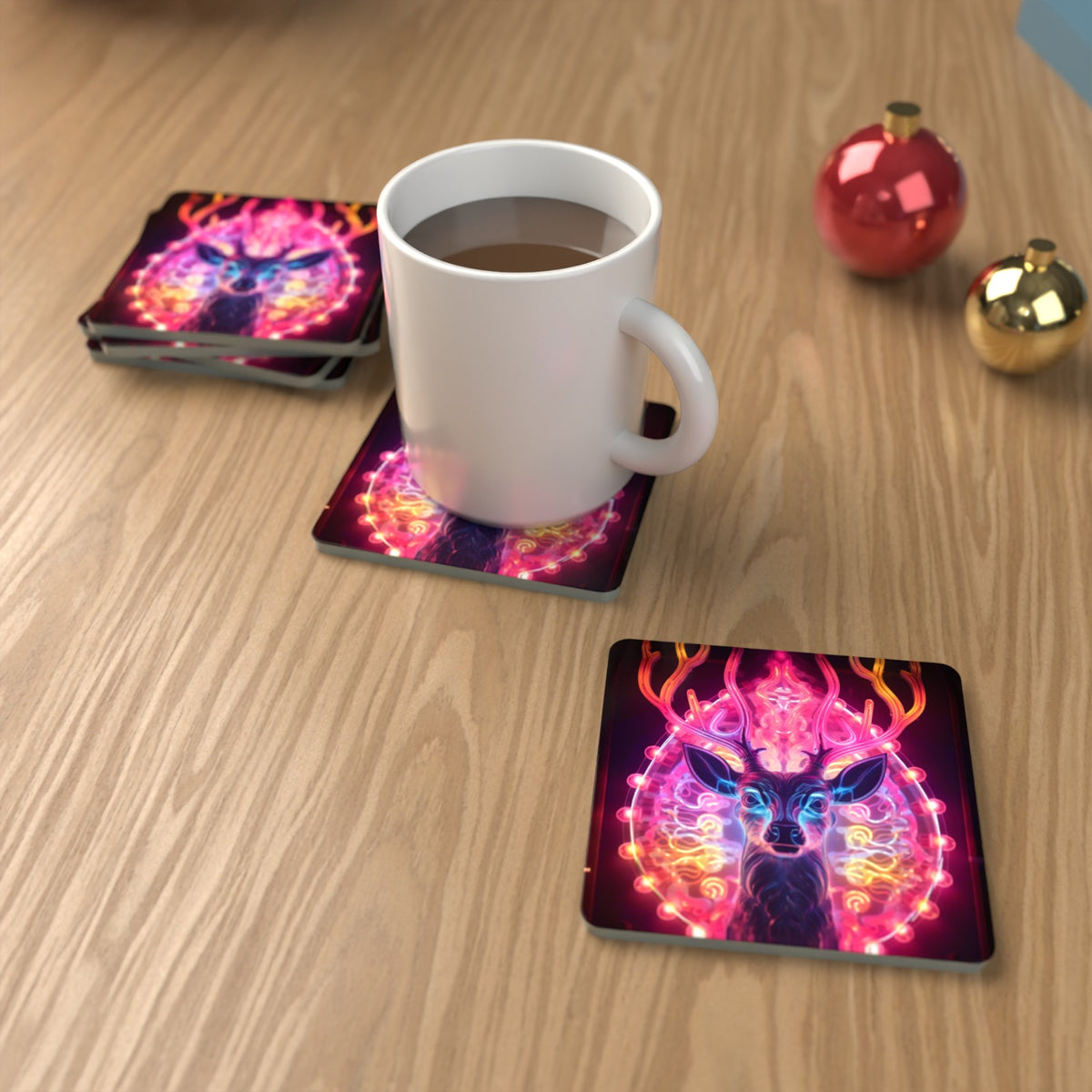 Neon Glow Stag Square Glass Coasters – Set of 6 – lifestyle mockup with a mug of coffee