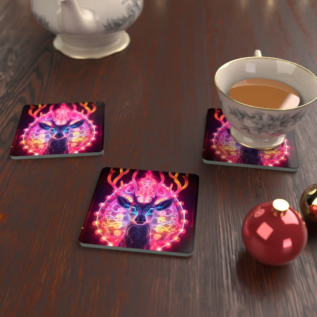 Neon Glow Stag Square Glass Coasters – Set of 6 – lifestyle mockup with a teacup