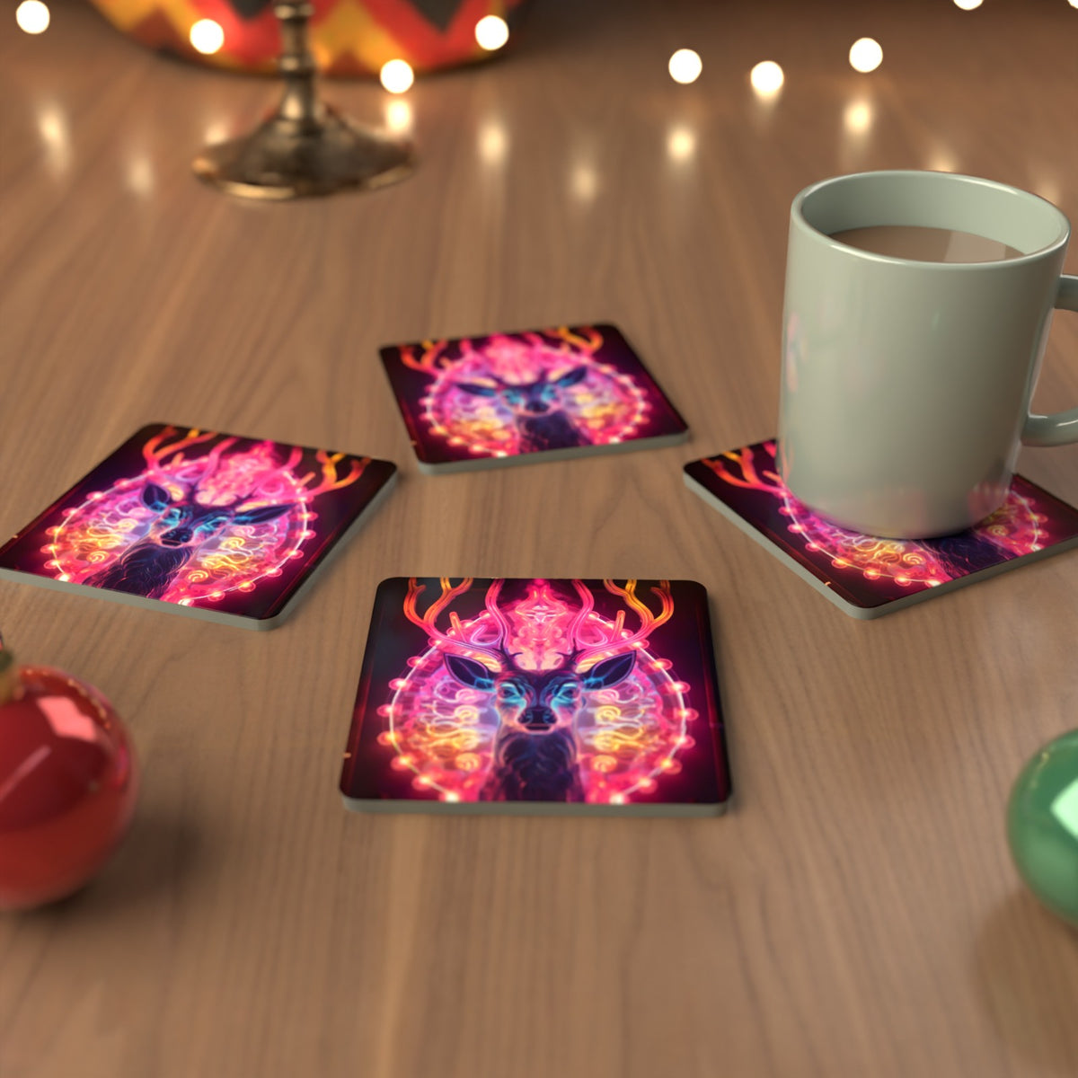 Neon Glow Stag Square Glass Coasters – Set of 6 – cosy lifestyle mockup