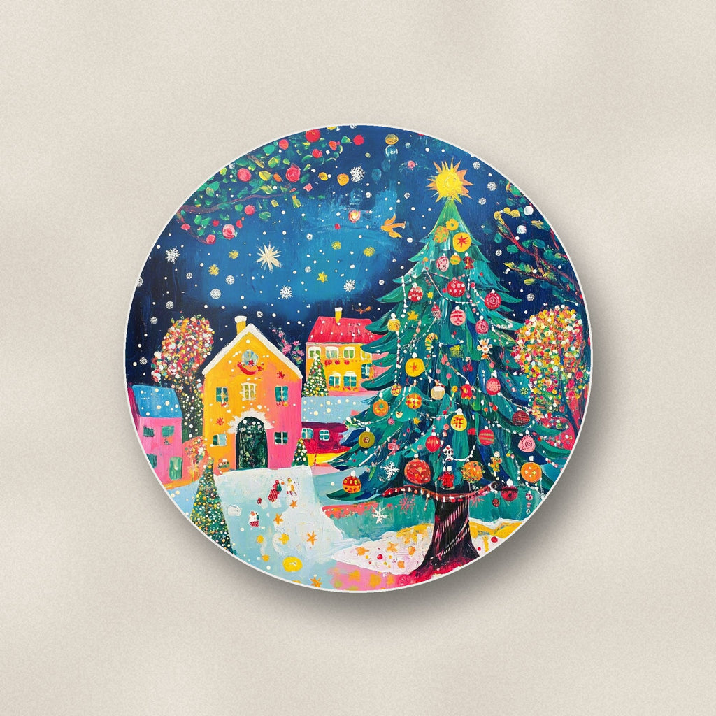 Close-up of one folk art christmas tree village round ceramic coaster, flat UV print