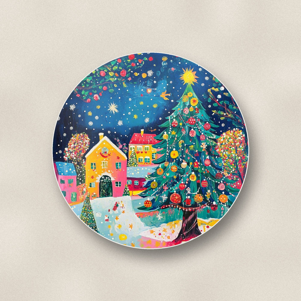 Close-up of one folk art christmas tree village round ceramic coaster, flat UV print