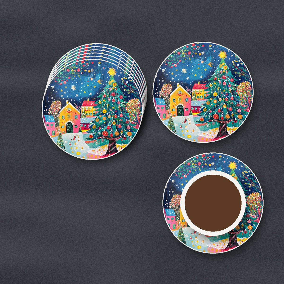 Folk Art Christmas Tree Village round ceramic coasters stacked on a slate kitchen worktop