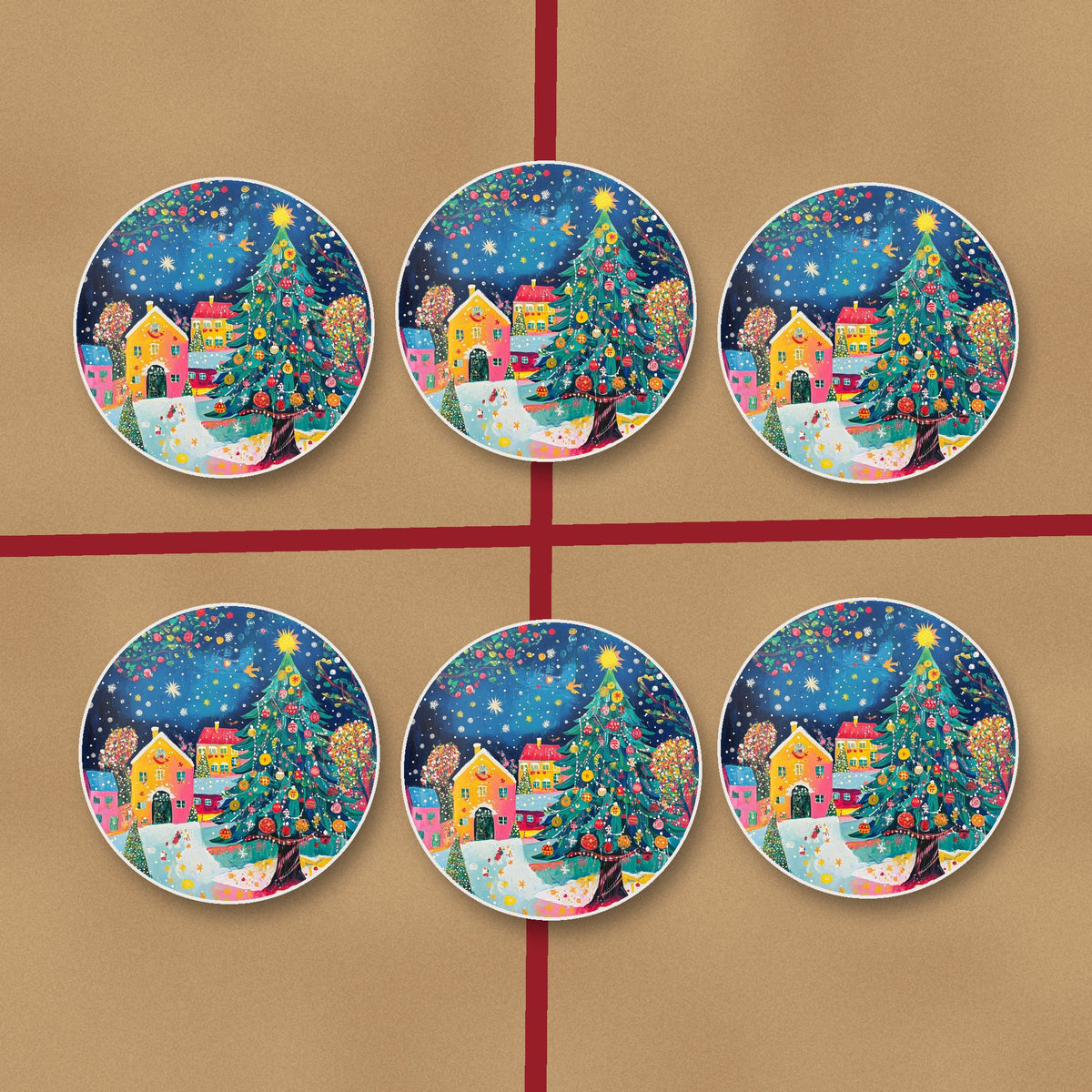 Folk Art Christmas Tree Village round ceramic coasters on kraft gift wrap