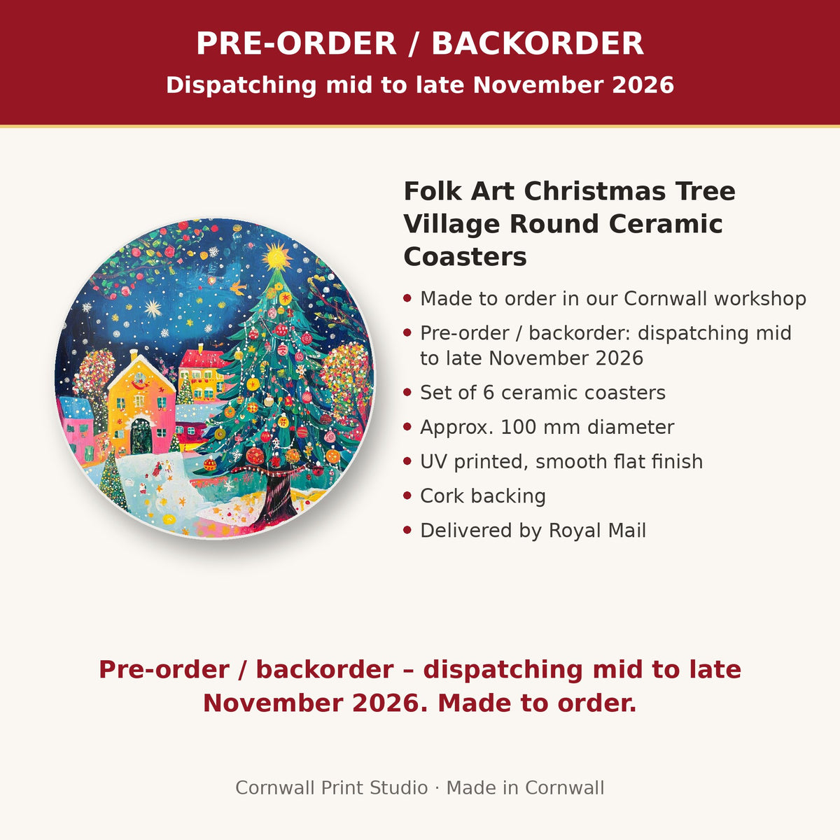 Info card: Folk Art Christmas Tree Village Round Ceramic Coasters – Set of 6, made to order, dispatching mid to late November 2026, delivered by Royal Mail