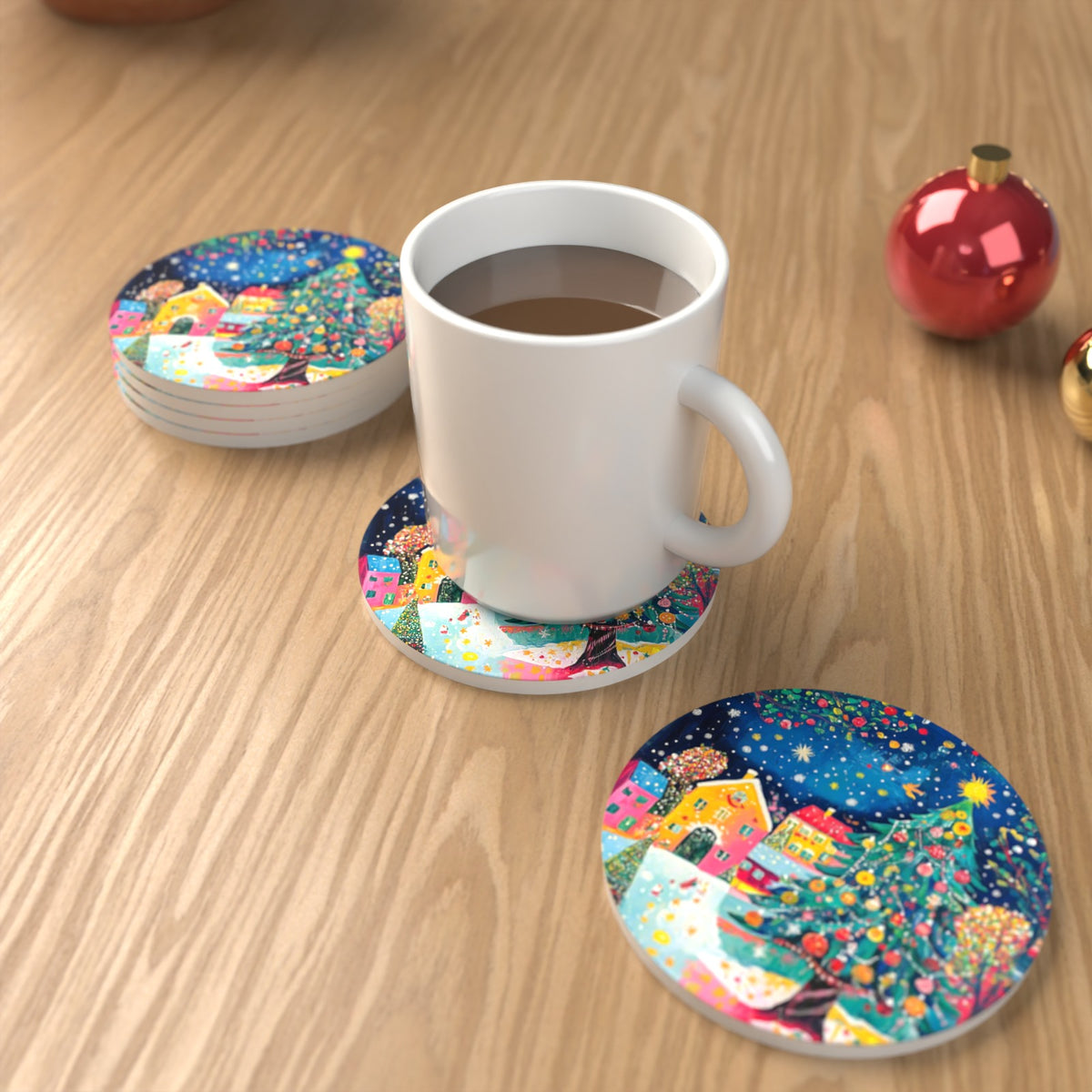 Folk Art Christmas Tree Village Round Ceramic Coasters – Set of 6 – lifestyle mockup with a mug of coffee
