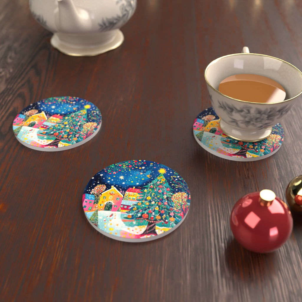 Folk Art Christmas Tree Village Round Ceramic Coasters – Set of 6 – lifestyle mockup with a teacup